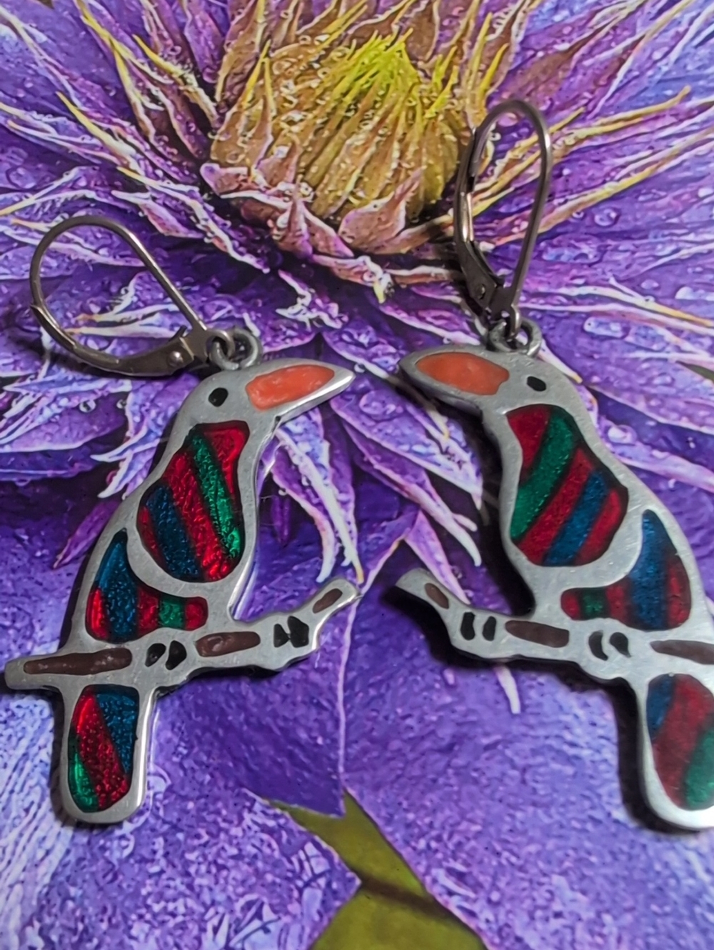 Colorful Bird Earrings - Green & Red Toucan Design